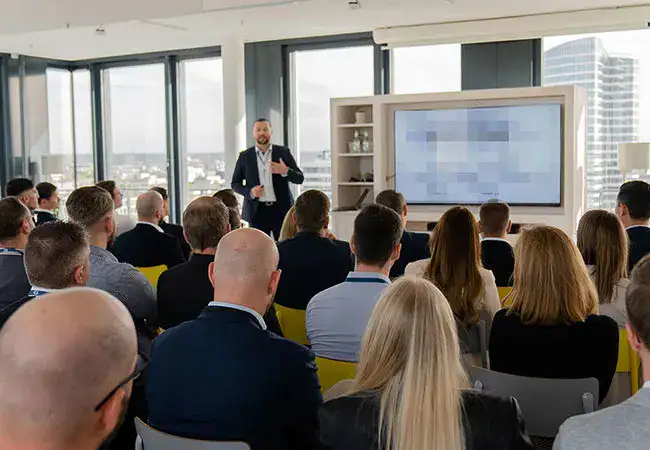 ATZ Group CEO Marius Kaufhold giving a presentation to an audience